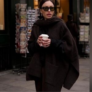 Zara sweater coat ribbed knit brown cardigan cape with scarf